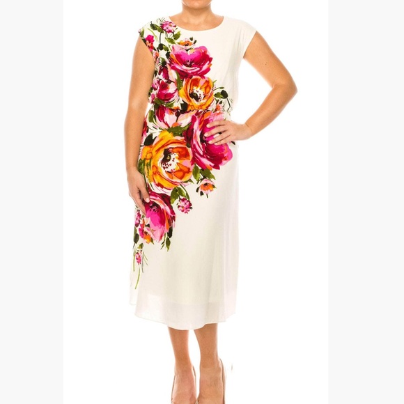 London Times Florarl Cap Sleeve Dress - Picture 1 of 3